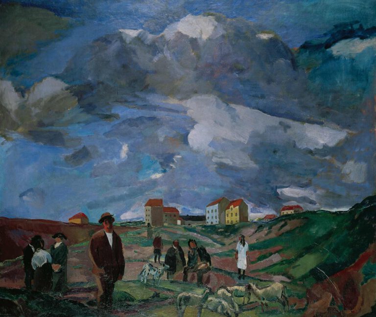 Vorstadthäuser mit Menschen und Schafherde, 1914